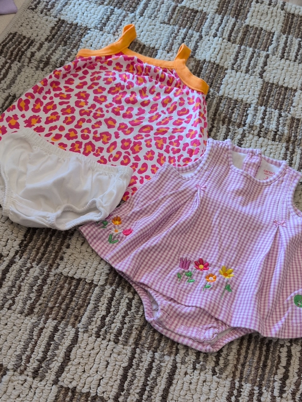 Carter's Pink/Orange Leopard Print Tank  & White Bloomers & Purple/White Romper